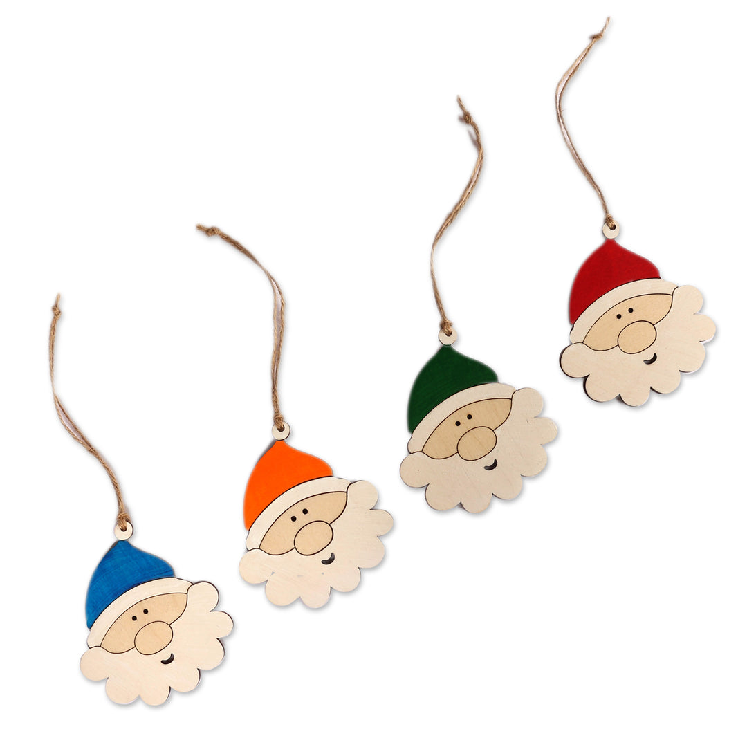 Santa-Themed Assorted 4-Piece Wood Ornament Set from Armenia - Joyful Santas
