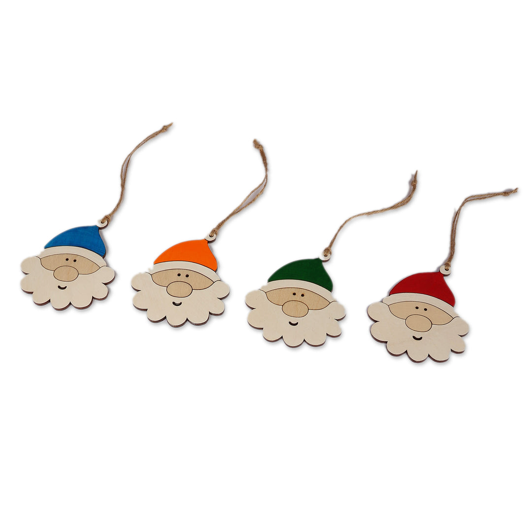 Santa-Themed Assorted 4-Piece Wood Ornament Set from Armenia - Joyful Santas