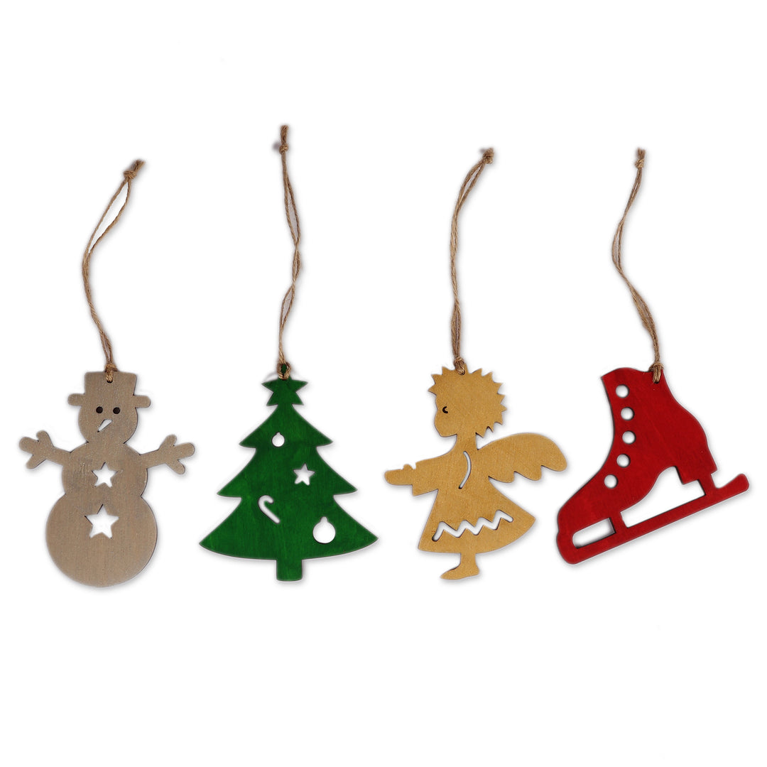 Handmade Assorted Christmas-Themed 4-Piece Wood Ornament Set - Spell of Christmas