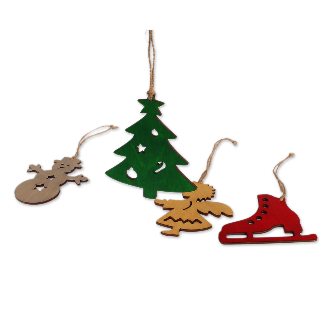 Handmade Assorted Christmas-Themed 4-Piece Wood Ornament Set - Spell of Christmas