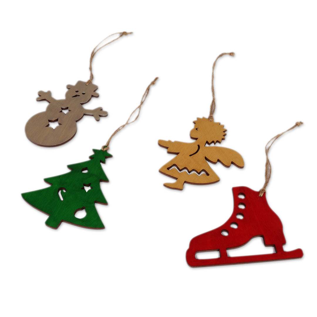 Handmade Assorted Christmas-Themed 4-Piece Wood Ornament Set - Spell of Christmas