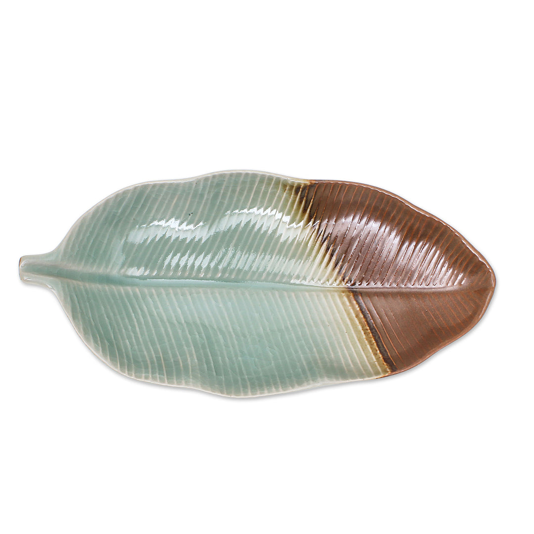 Leaf-Shaped Celadon Ceramic Platter from Thailand - Nature Present