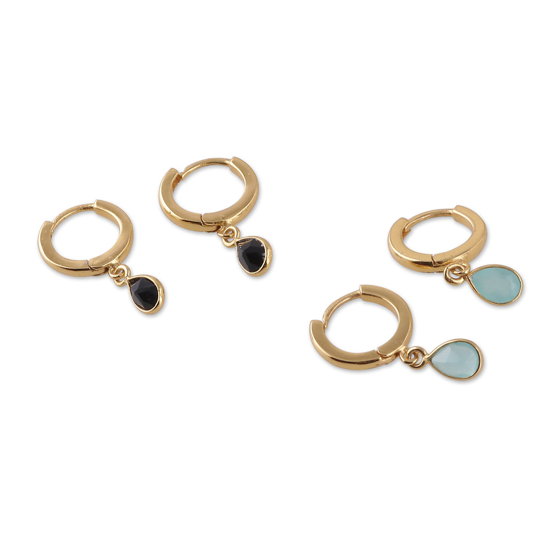 Set of 2 18k Gold-Plated Chalcedony and Onyx Dangle Earrings - Dual Drops
