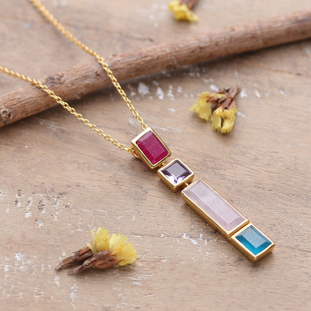 Polished 18k Gold-Plated Multi-Gemstone Pendant Necklace - Vibrant Me