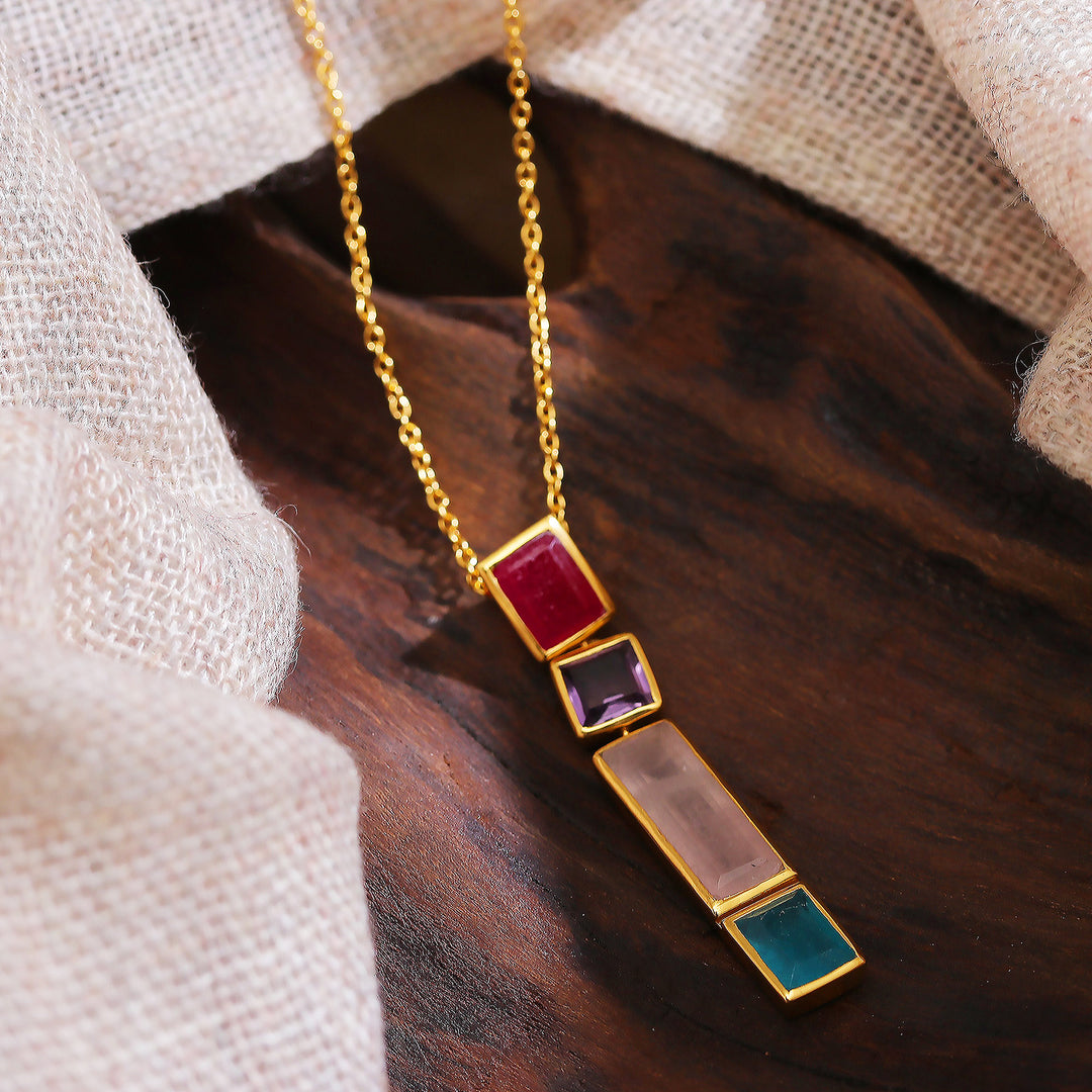 Polished 18k Gold-Plated Multi-Gemstone Pendant Necklace - Vibrant Me