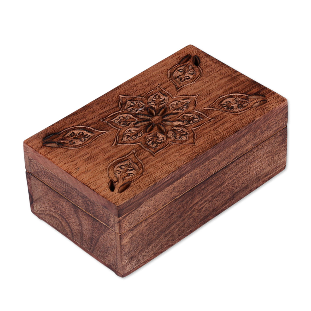 Lotus-Themed Hand-Carved Mango Wood Box in a Small Size - Prime Mandala