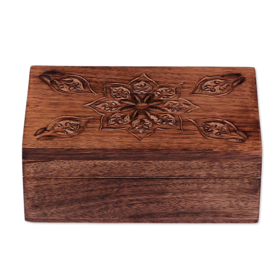 Lotus-Themed Hand-Carved Mango Wood Box in a Small Size - Prime Mandala