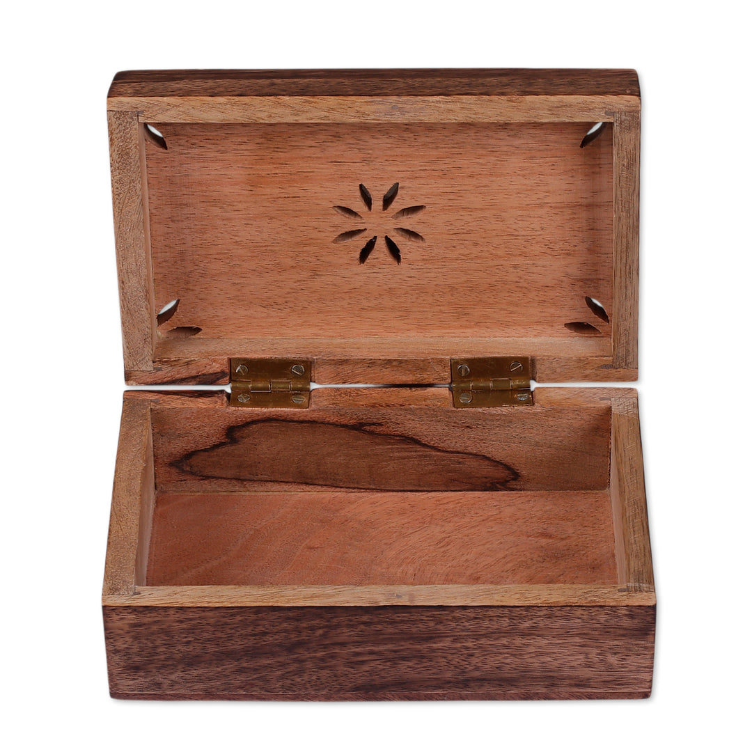 Lotus-Themed Hand-Carved Mango Wood Box in a Small Size - Prime Mandala