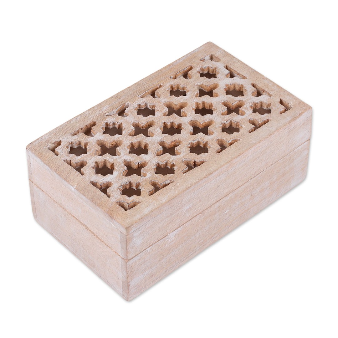 Hand-Carved Trellis-Patterned Medium-Sized Mango Wood Box - Lattice Secrets