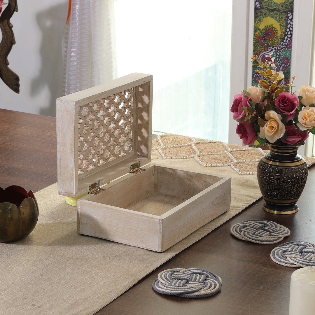 Hand-Carved Trellis-Patterned Medium-Sized Mango Wood Box - Lattice Secrets