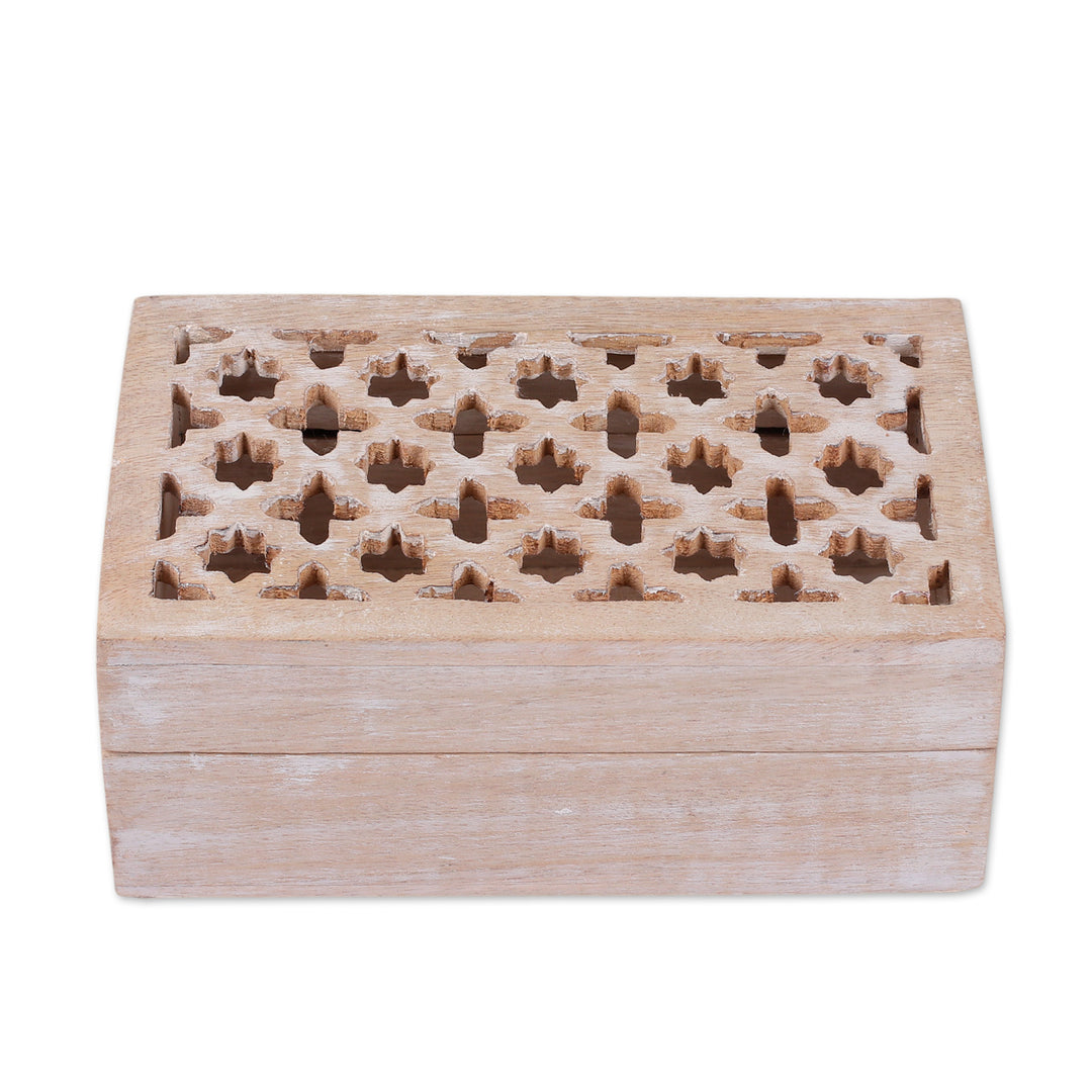 Hand-Carved Trellis-Patterned Medium-Sized Mango Wood Box - Lattice Secrets