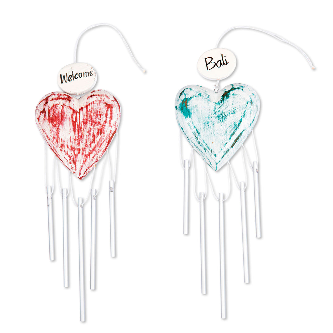 2 Shabby Chic Hand-Carved and Painted Wood Heart Wind Chimes - Heartfelt Melodies