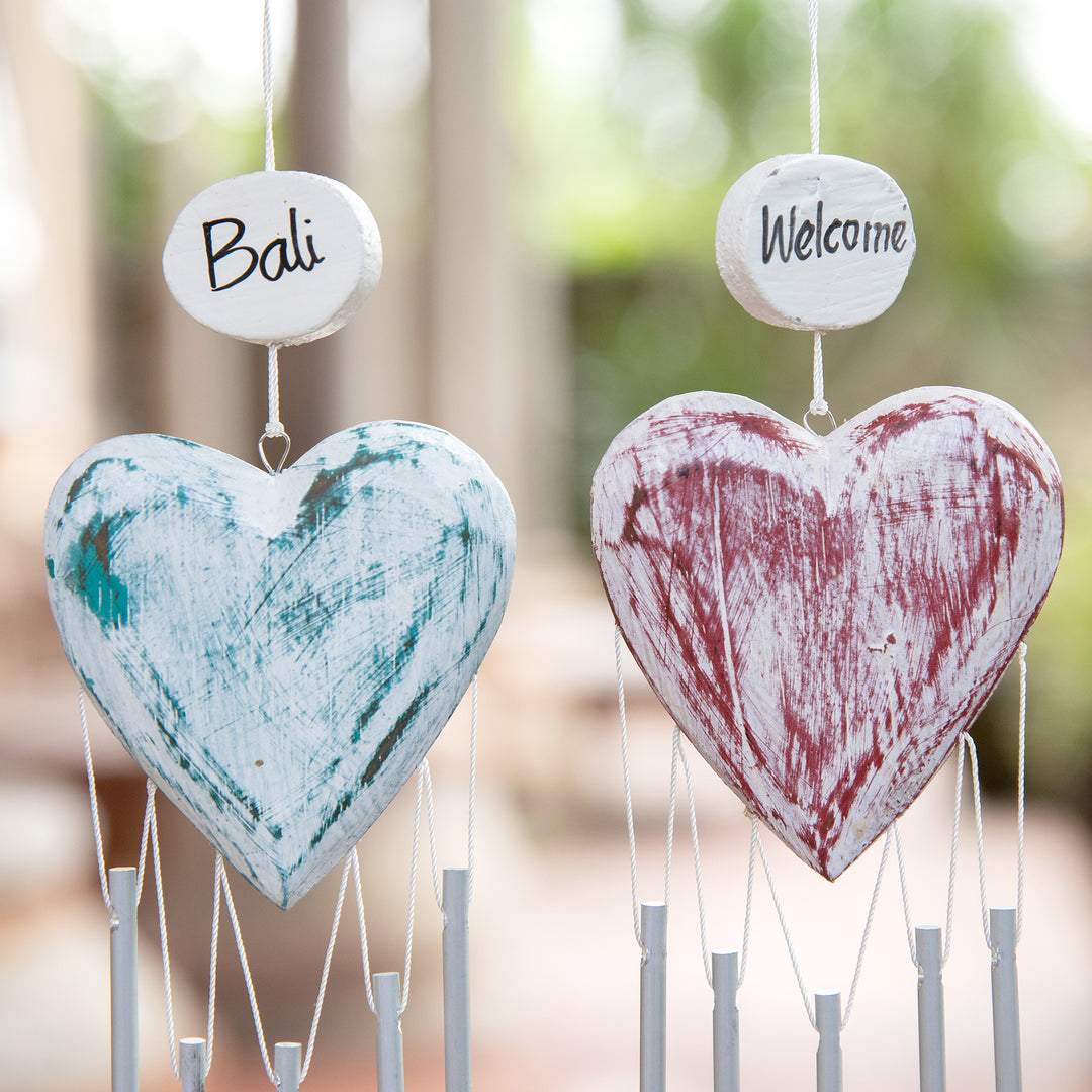 2 Shabby Chic Hand-Carved and Painted Wood Heart Wind Chimes - Heartfelt Melodies