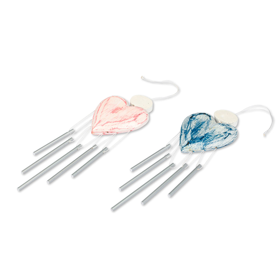 2 Shabby Chic Hand-Carved and Painted Wood Heart Wind Chimes - Heartfelt Melodies