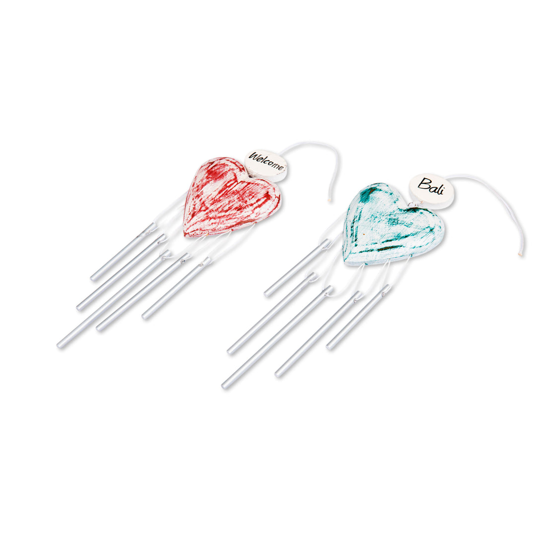2 Shabby Chic Hand-Carved and Painted Wood Heart Wind Chimes - Heartfelt Melodies
