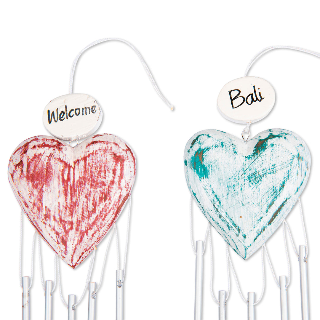 2 Shabby Chic Hand-Carved and Painted Wood Heart Wind Chimes - Heartfelt Melodies