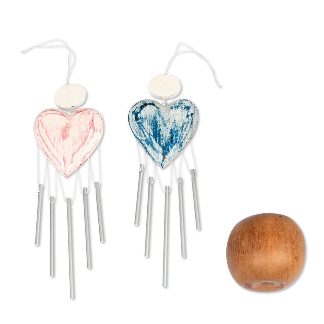 2 Shabby Chic Hand-Carved and Painted Wood Heart Wind Chimes - Heartfelt Melodies