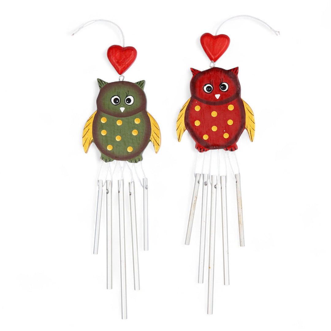 Pair of Owl-Shaped Hand-Carved and Painted Wood Wind Chimes - Curious Owls