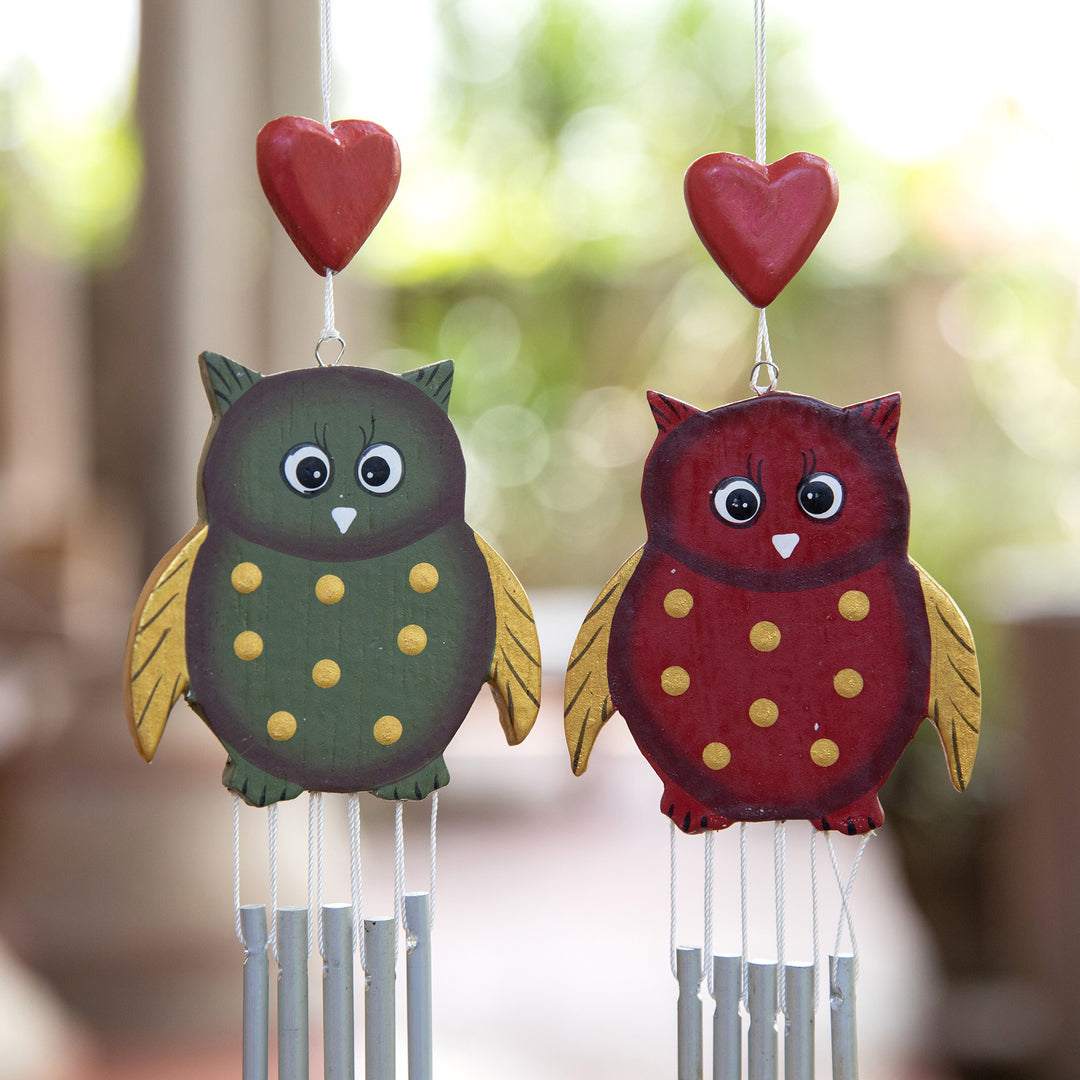 Pair of Owl-Shaped Hand-Carved and Painted Wood Wind Chimes - Curious Owls