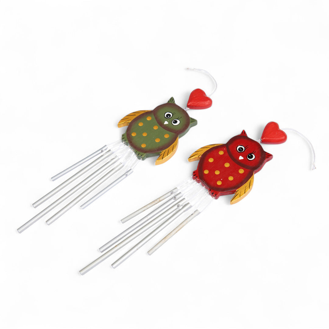 Pair of Owl-Shaped Hand-Carved and Painted Wood Wind Chimes - Curious Owls