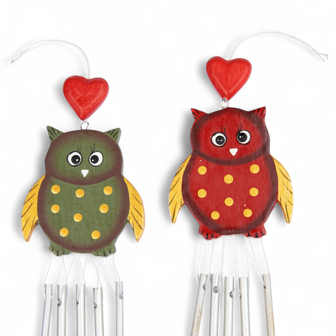 Pair of Owl-Shaped Hand-Carved and Painted Wood Wind Chimes - Curious Owls
