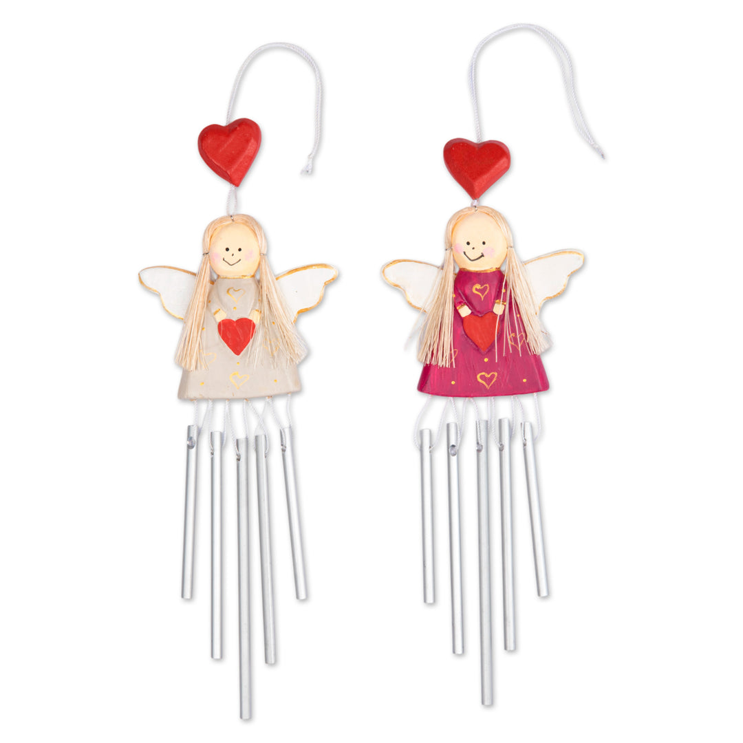 2 Angel and Heart-Themed Wood and Natural Fiber Wind Chimes - Twinning Hearts
