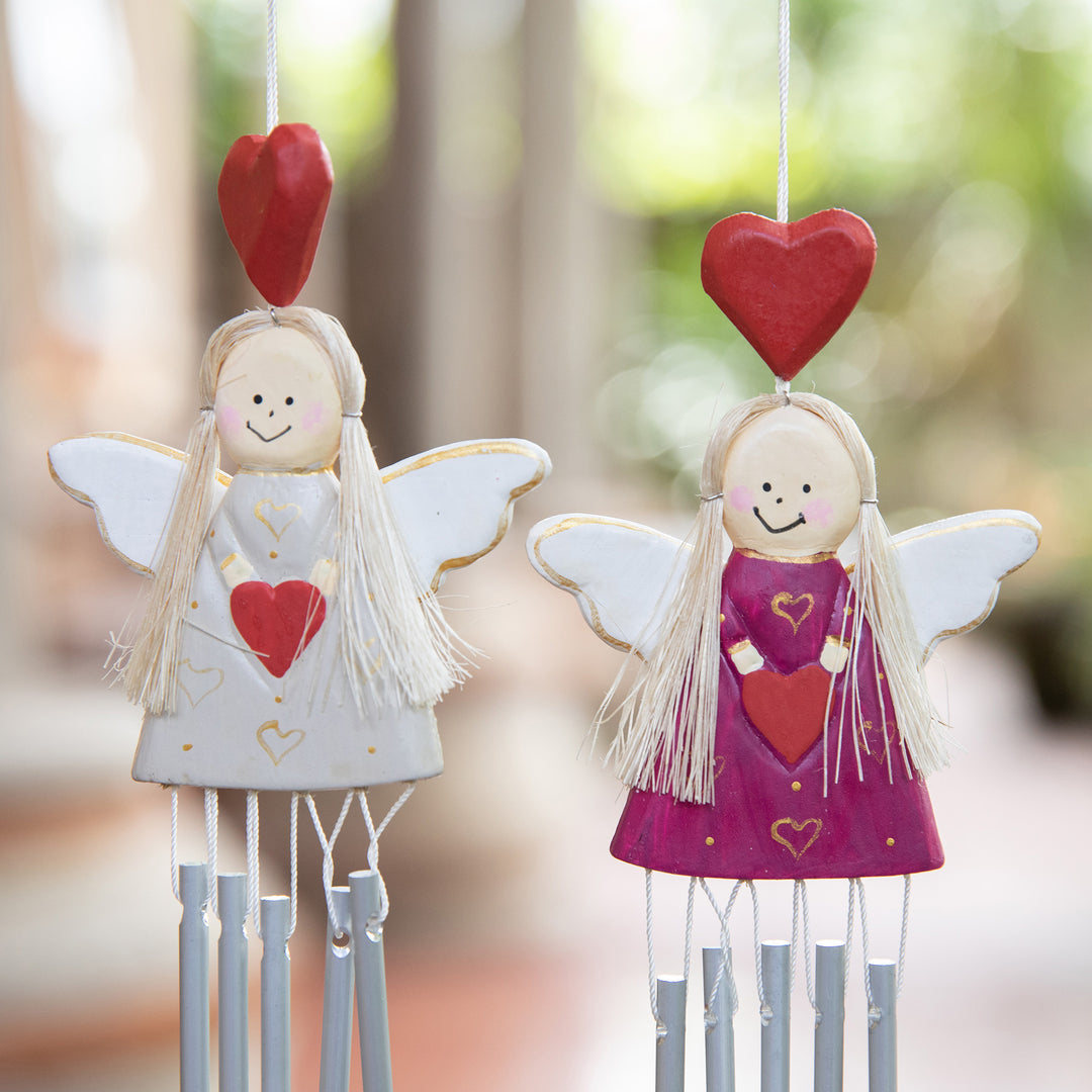2 Angel and Heart-Themed Wood and Natural Fiber Wind Chimes - Twinning Hearts