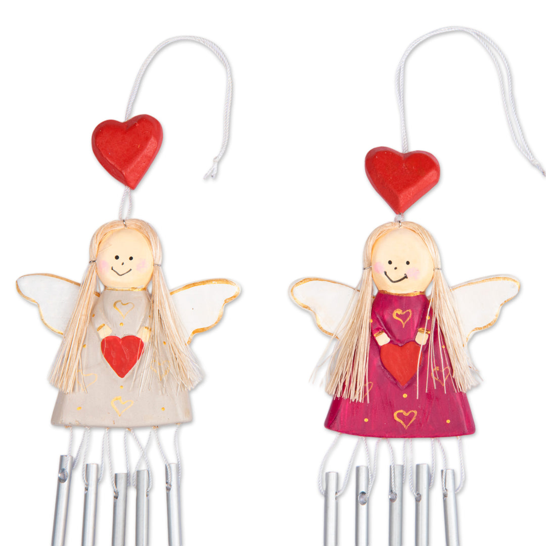 2 Angel and Heart-Themed Wood and Natural Fiber Wind Chimes - Twinning Hearts