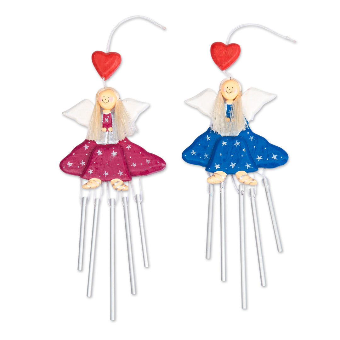2 Blue Purple Wood and Natural Fiber Fairy Wind Chimes - Smiling Fairies