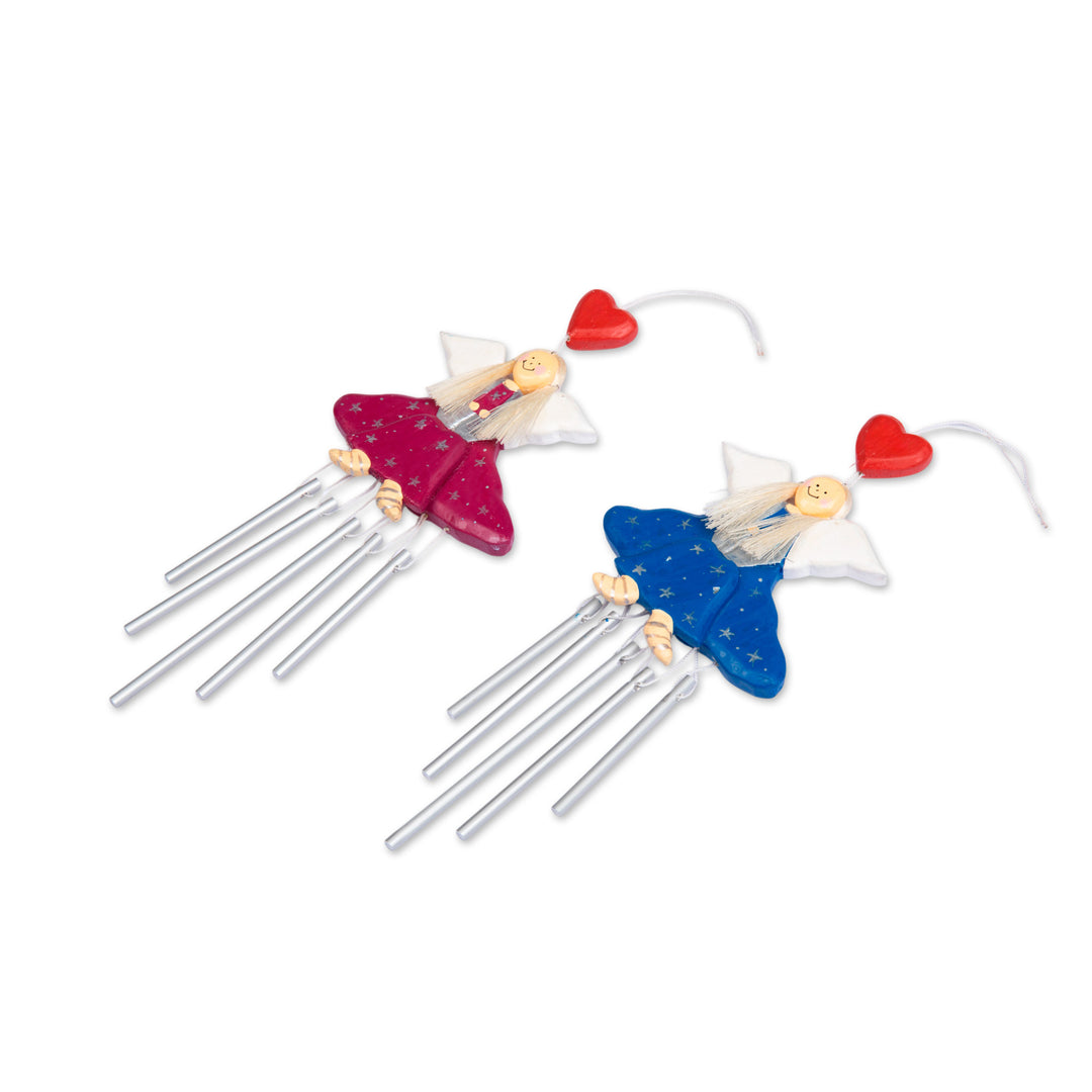 2 Blue Purple Wood and Natural Fiber Fairy Wind Chimes - Smiling Fairies