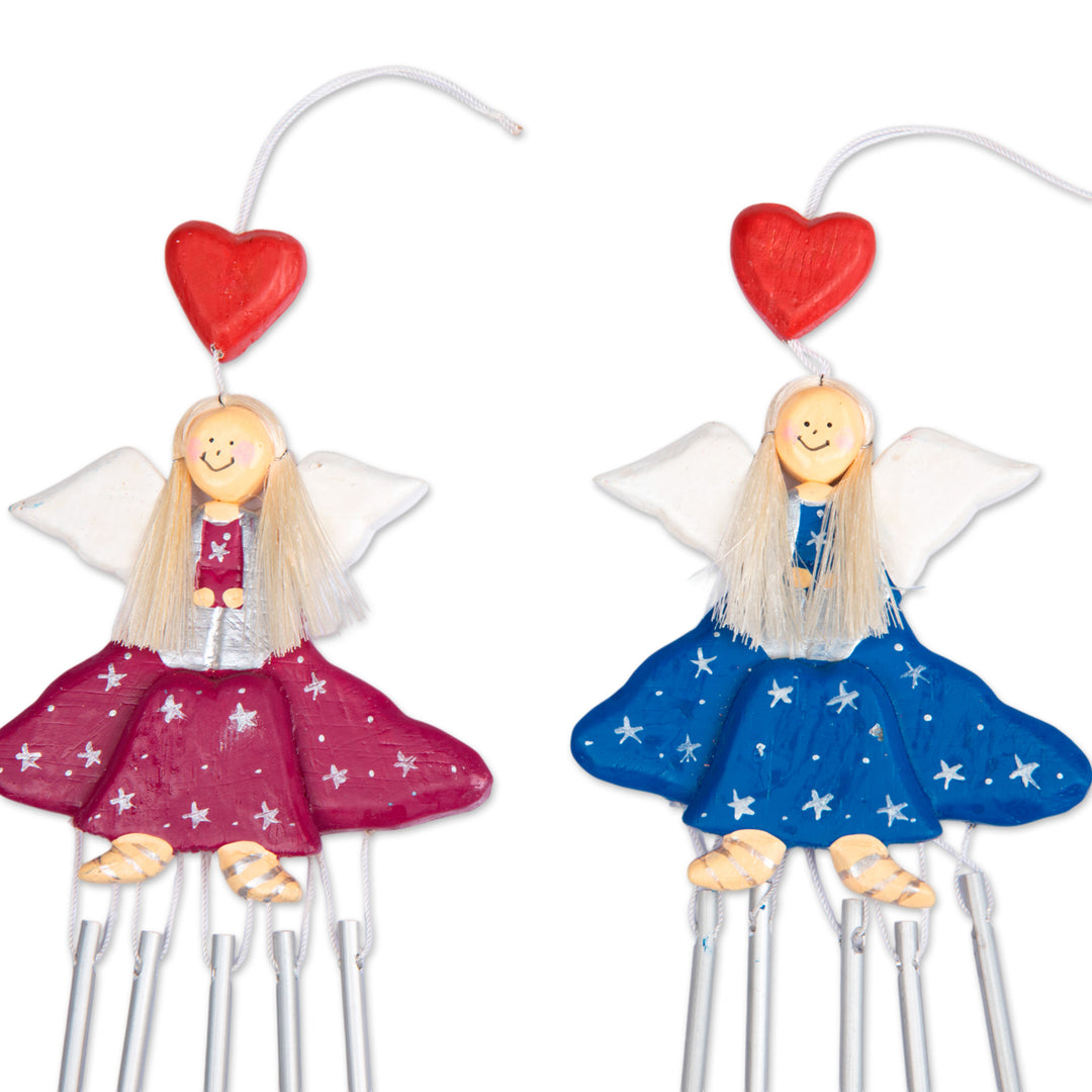 2 Blue Purple Wood and Natural Fiber Fairy Wind Chimes - Smiling Fairies