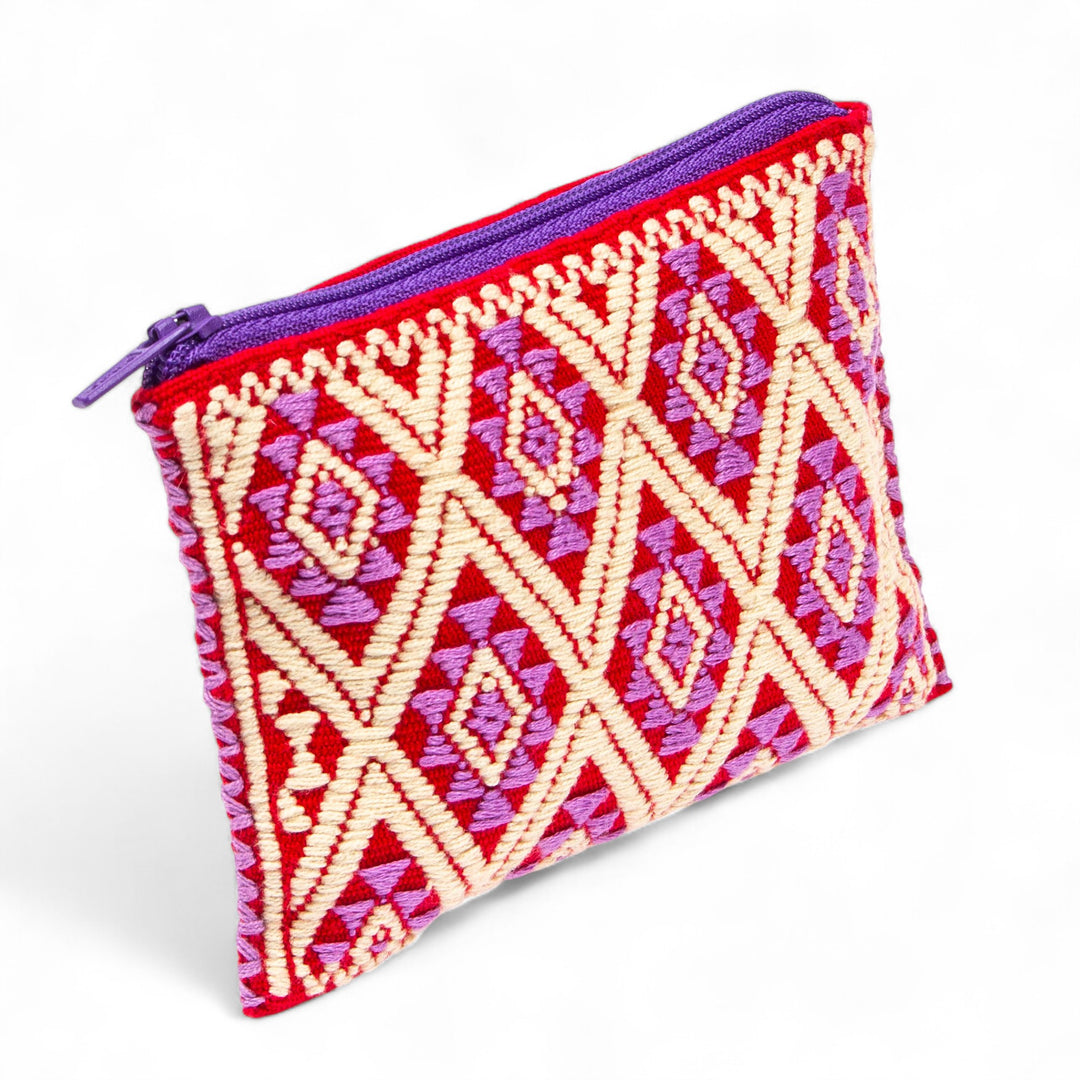 Diamond-Patterned Pink and Red Zippered Cotton Coin Purse - Sweet Gems