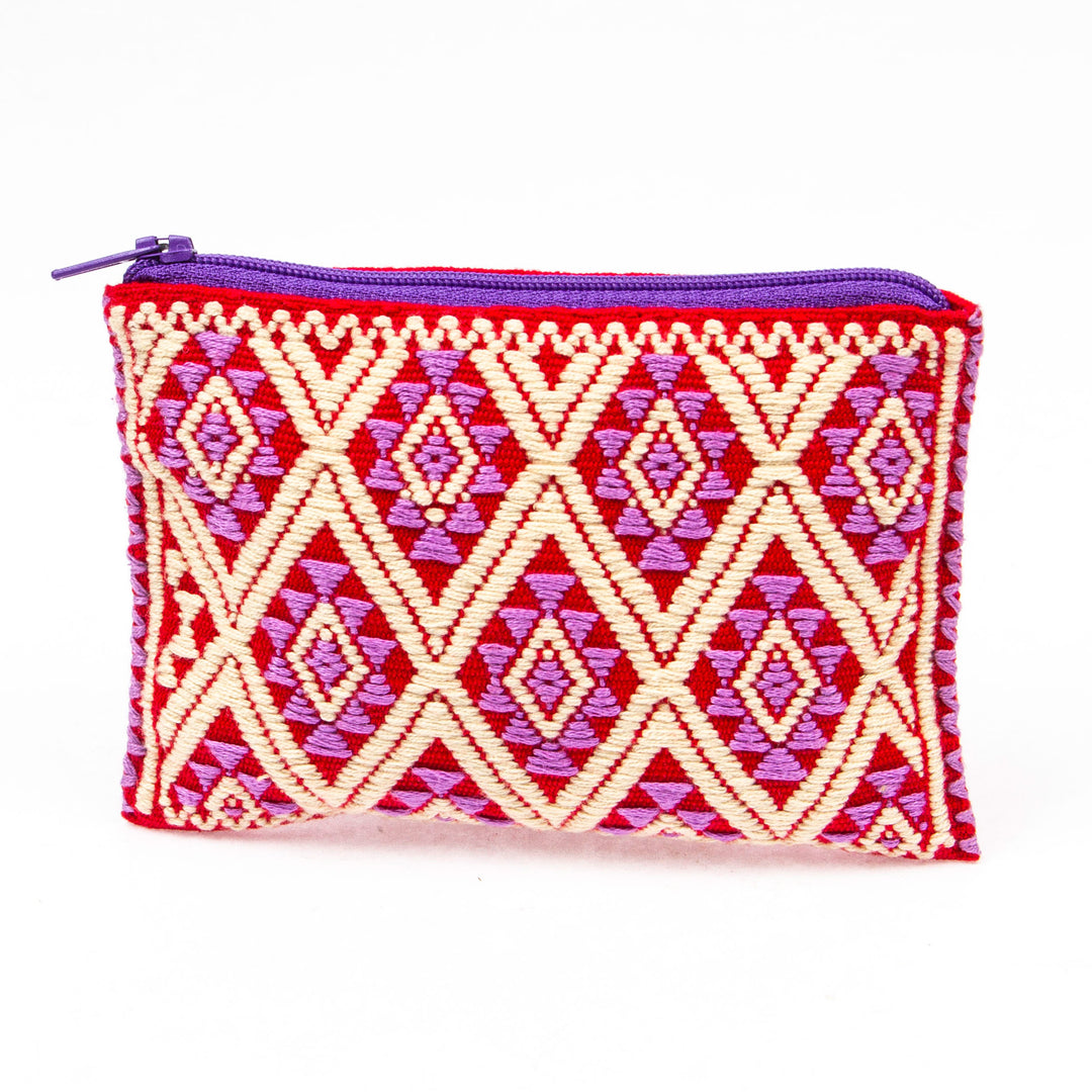 Diamond-Patterned Pink and Red Zippered Cotton Coin Purse - Sweet Gems