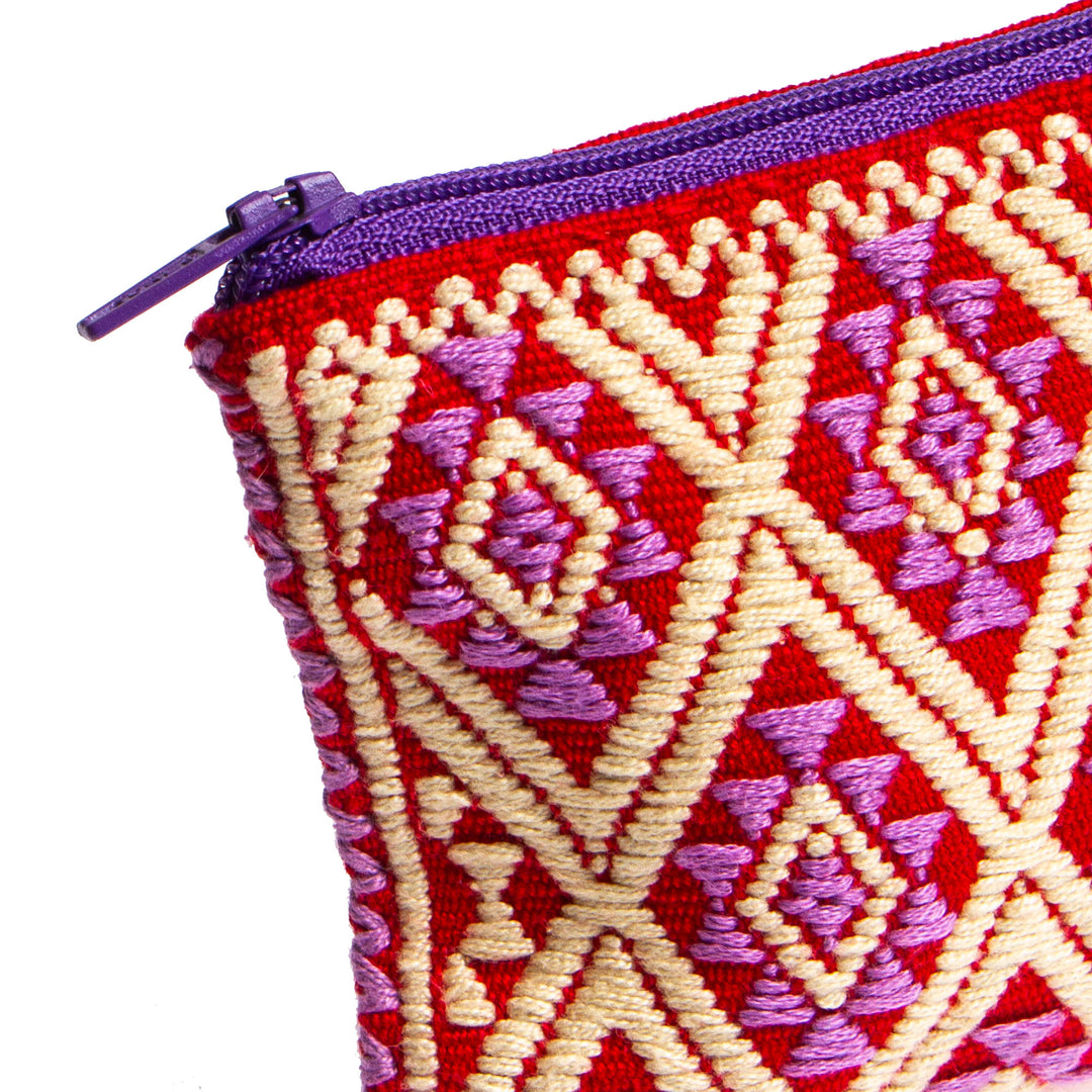 Diamond-Patterned Pink and Red Zippered Cotton Coin Purse - Sweet Gems