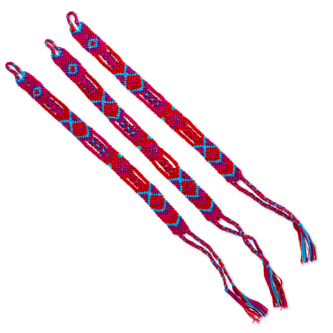 3 Woven Cotton Friendship Bracelets with Brocading Accents - Magenta Friendship