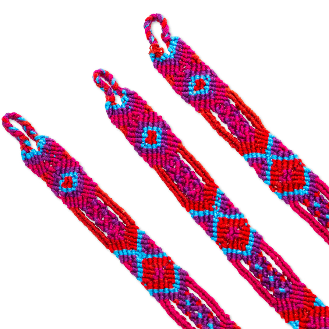 3 Woven Cotton Friendship Bracelets with Brocading Accents - Magenta Friendship