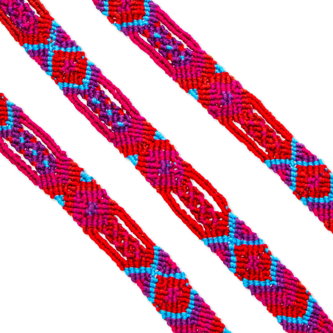3 Woven Cotton Friendship Bracelets with Brocading Accents - Magenta Friendship