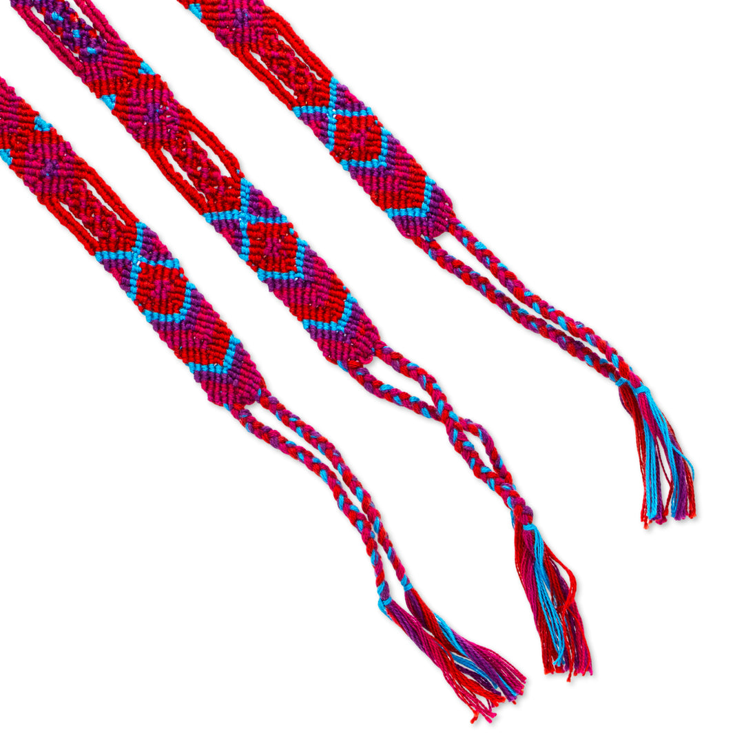 3 Woven Cotton Friendship Bracelets with Brocading Accents - Magenta Friendship