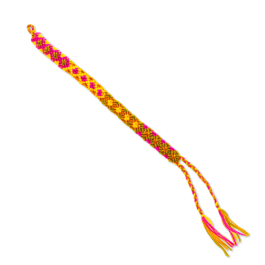 Handwoven Cotton Friendship Bracelet in Green Yellow Magenta - Eternal Friendship