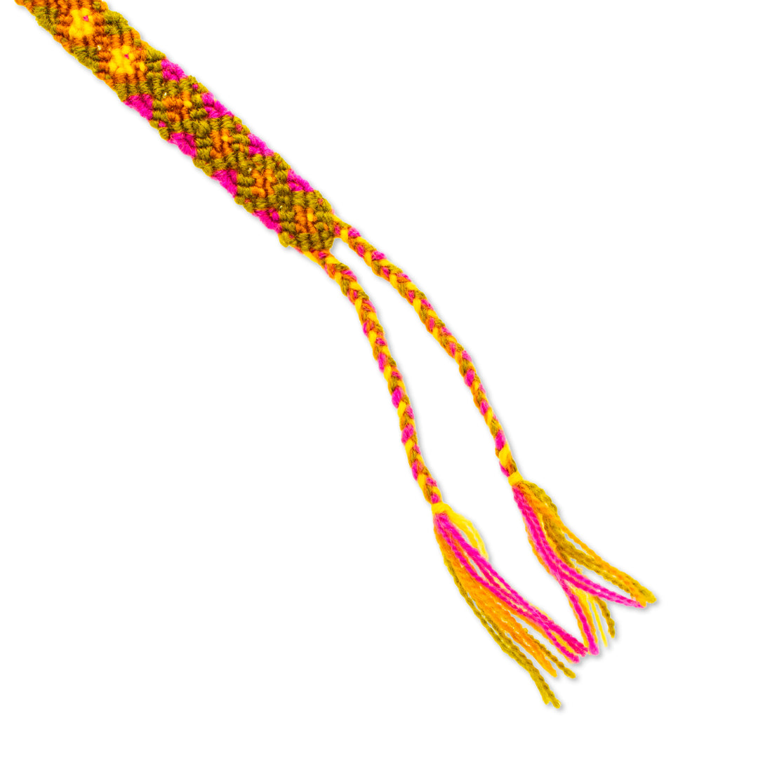 Handwoven Cotton Friendship Bracelet in Green Yellow Magenta - Eternal Friendship