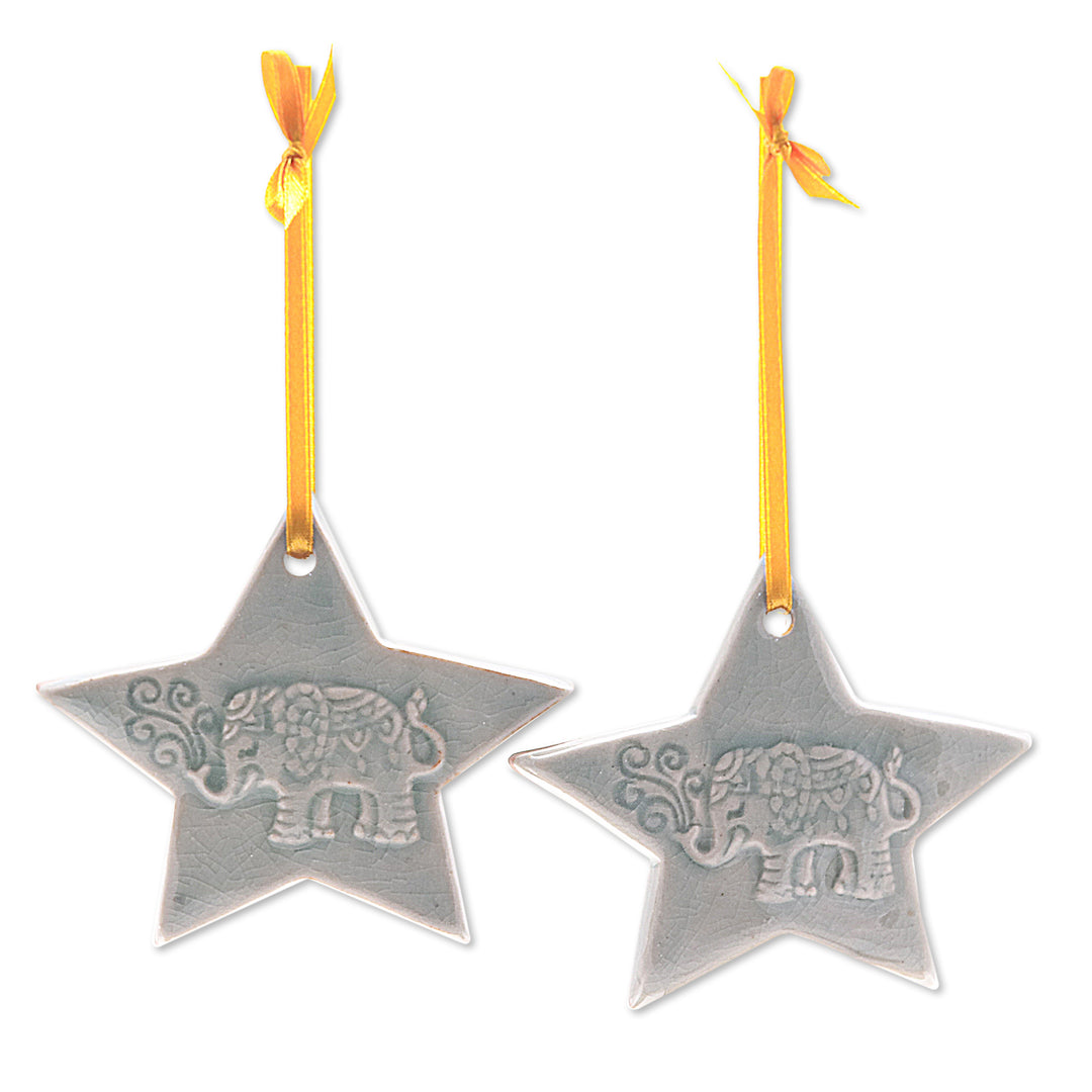 2 Elephant Star-Themed Celadon Ceramic Christmas Ornaments - Lucky Elephant Stars