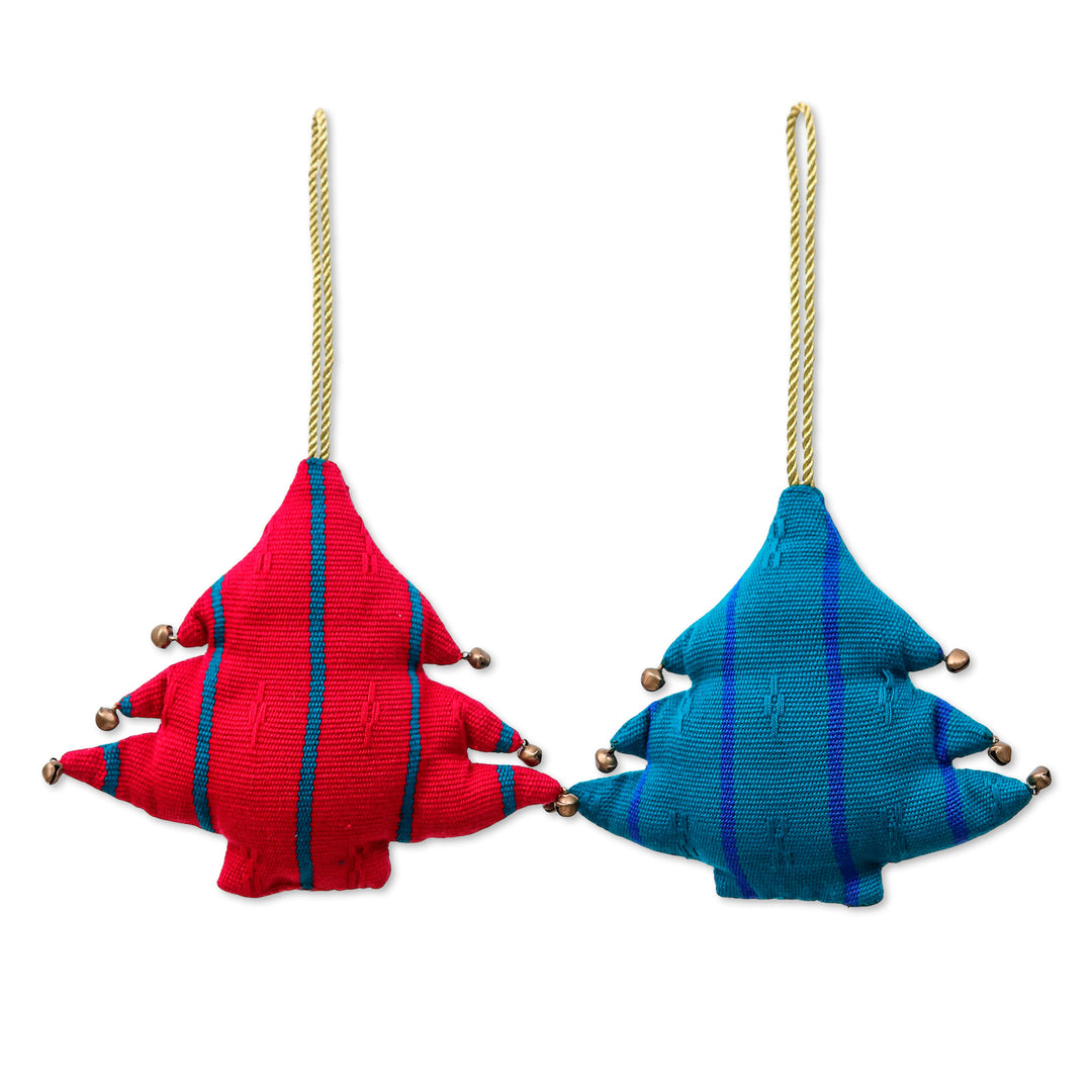 Striped 2-Piece Rayon Tree Ornament Set in Red and Teal Hues - Striped Holidays