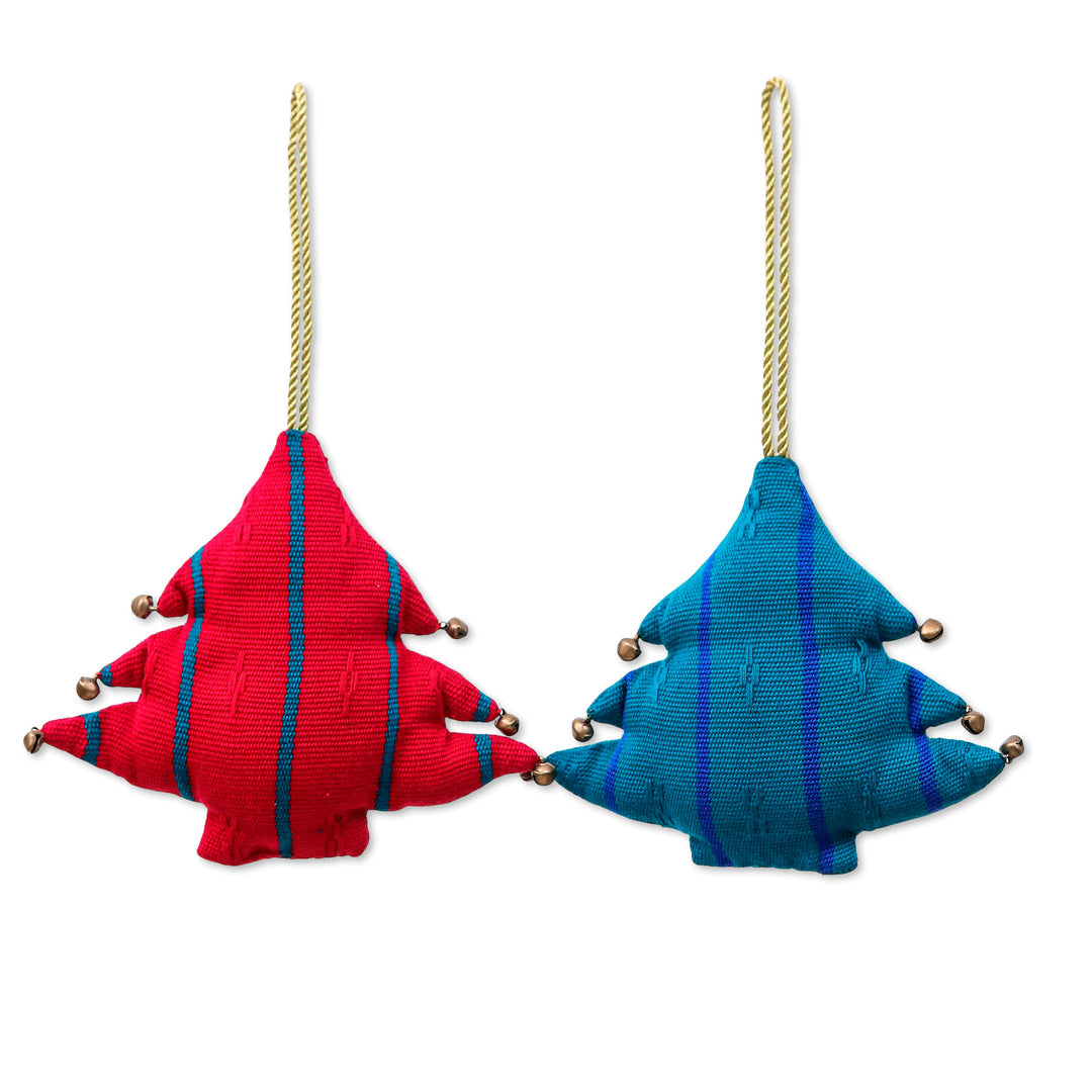 Striped 2-Piece Rayon Tree Ornament Set in Red and Teal Hues - Striped Holidays