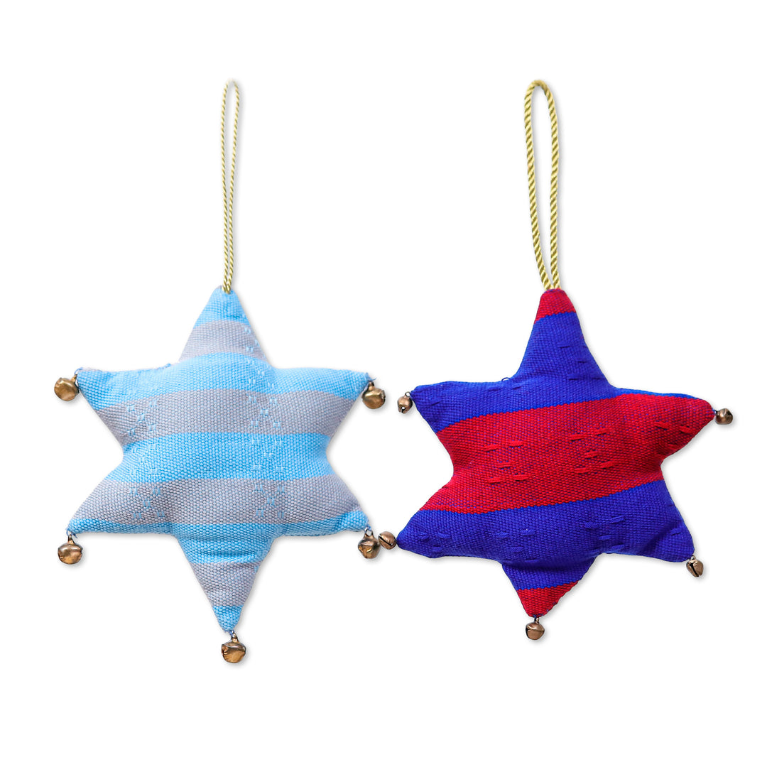 Star-Shaped 2-Piece Striped Rayon Ornament Set with Bells - Starry Paths
