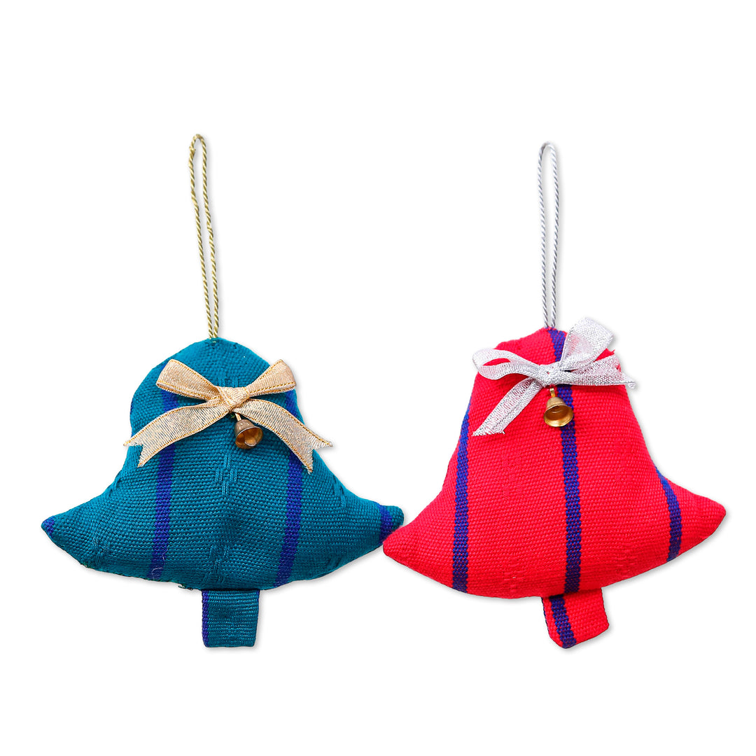 Bell-Themed 2-Piece 100% Rayon Ornament Set with Ribbons - Striped Melodies