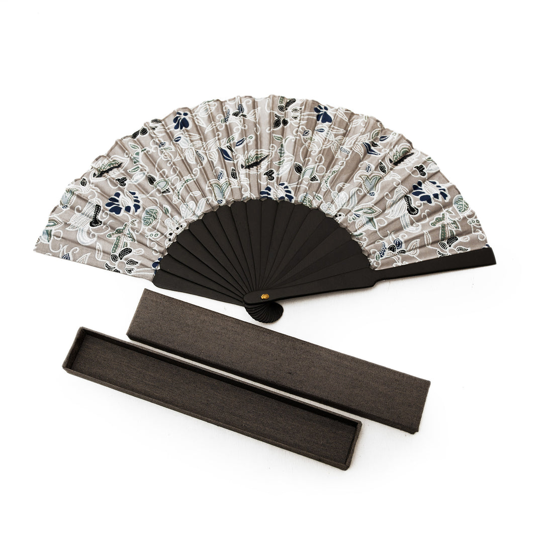 Batik Floral and Leaf-Themed Silk Fan with Pinewood Handle - Nocturnal Garden