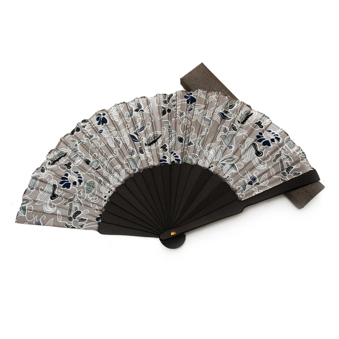 Batik Floral and Leaf-Themed Silk Fan with Pinewood Handle - Nocturnal Garden