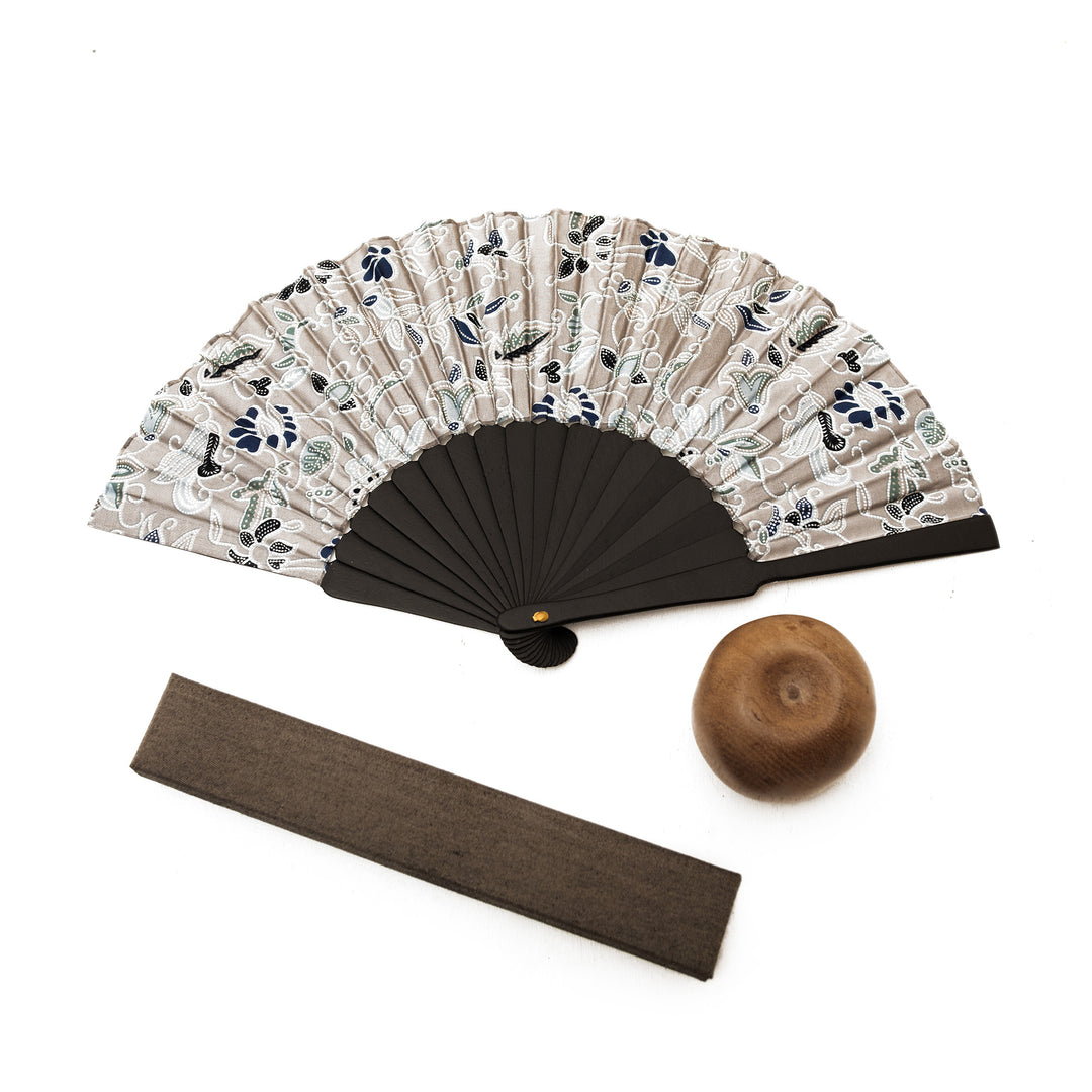 Batik Floral and Leaf-Themed Silk Fan with Pinewood Handle - Nocturnal Garden