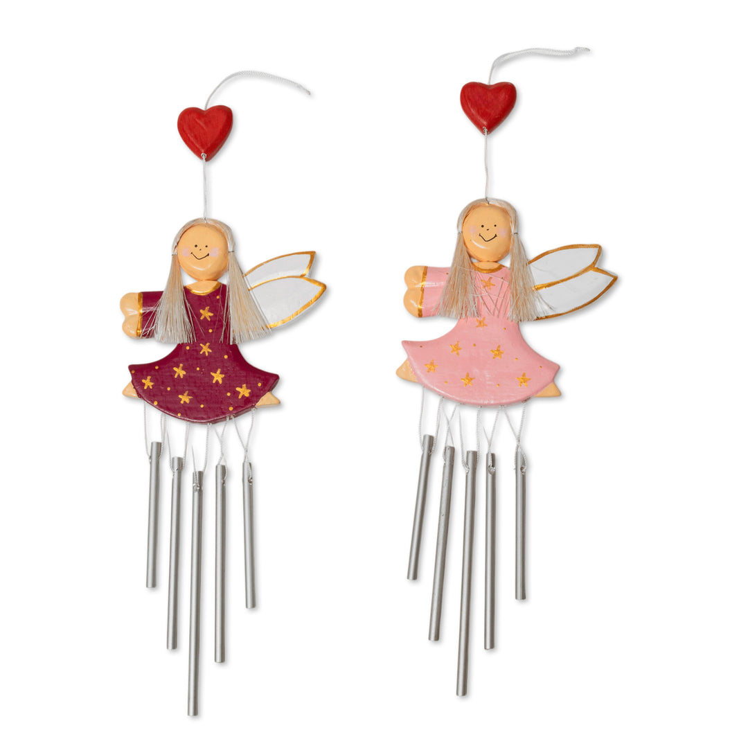 Pair of Fairy-Shaped Wood and Natural Fiber Wind Chimes - Petite Stars