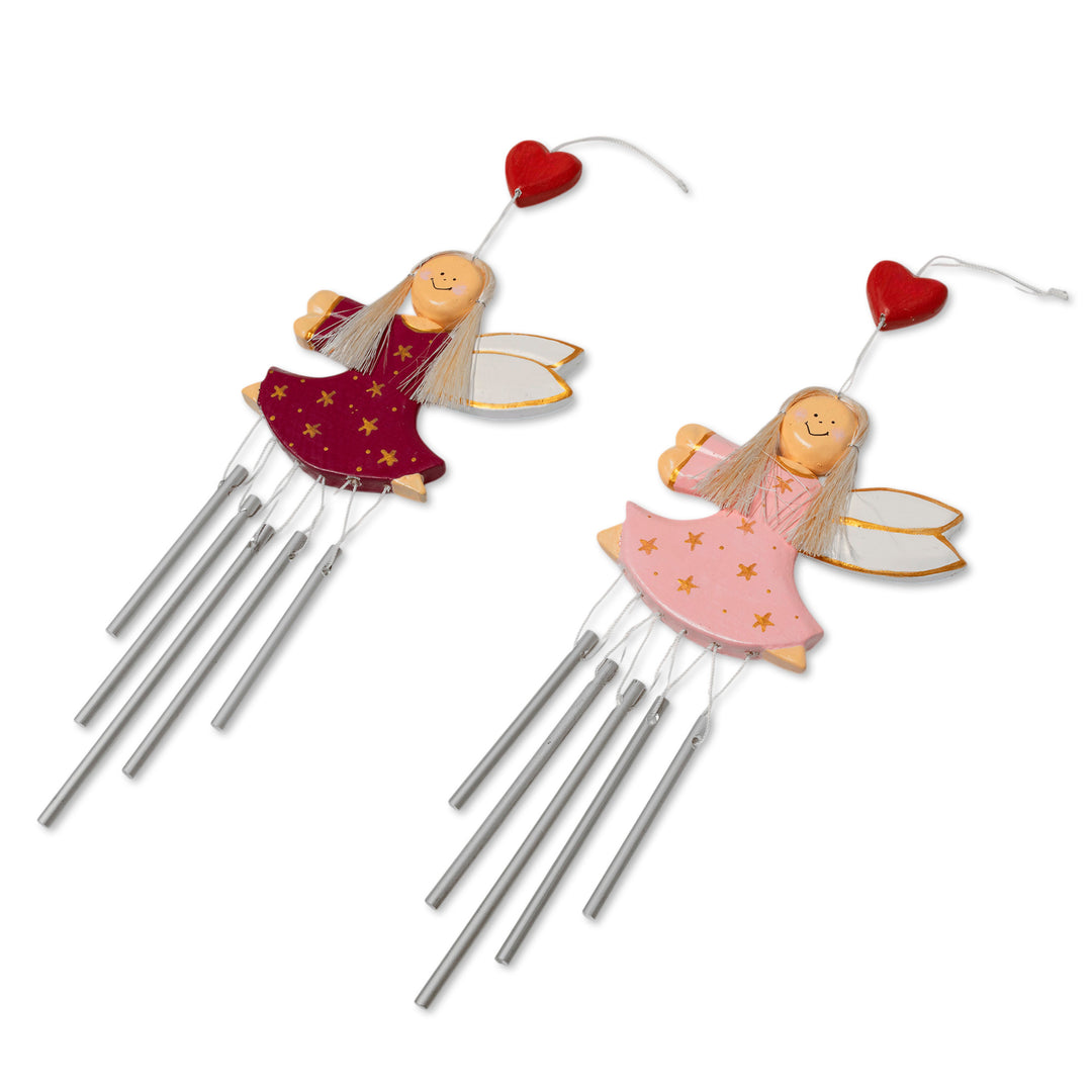 Pair of Fairy-Shaped Wood and Natural Fiber Wind Chimes - Petite Stars